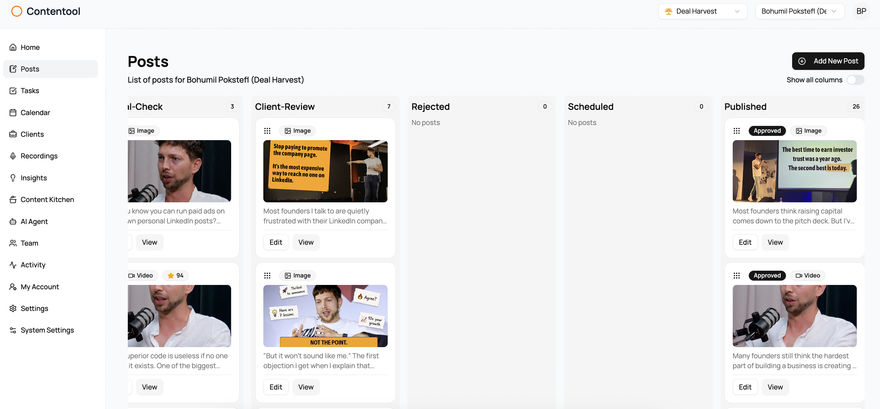 Content approval board showing scheduled posts